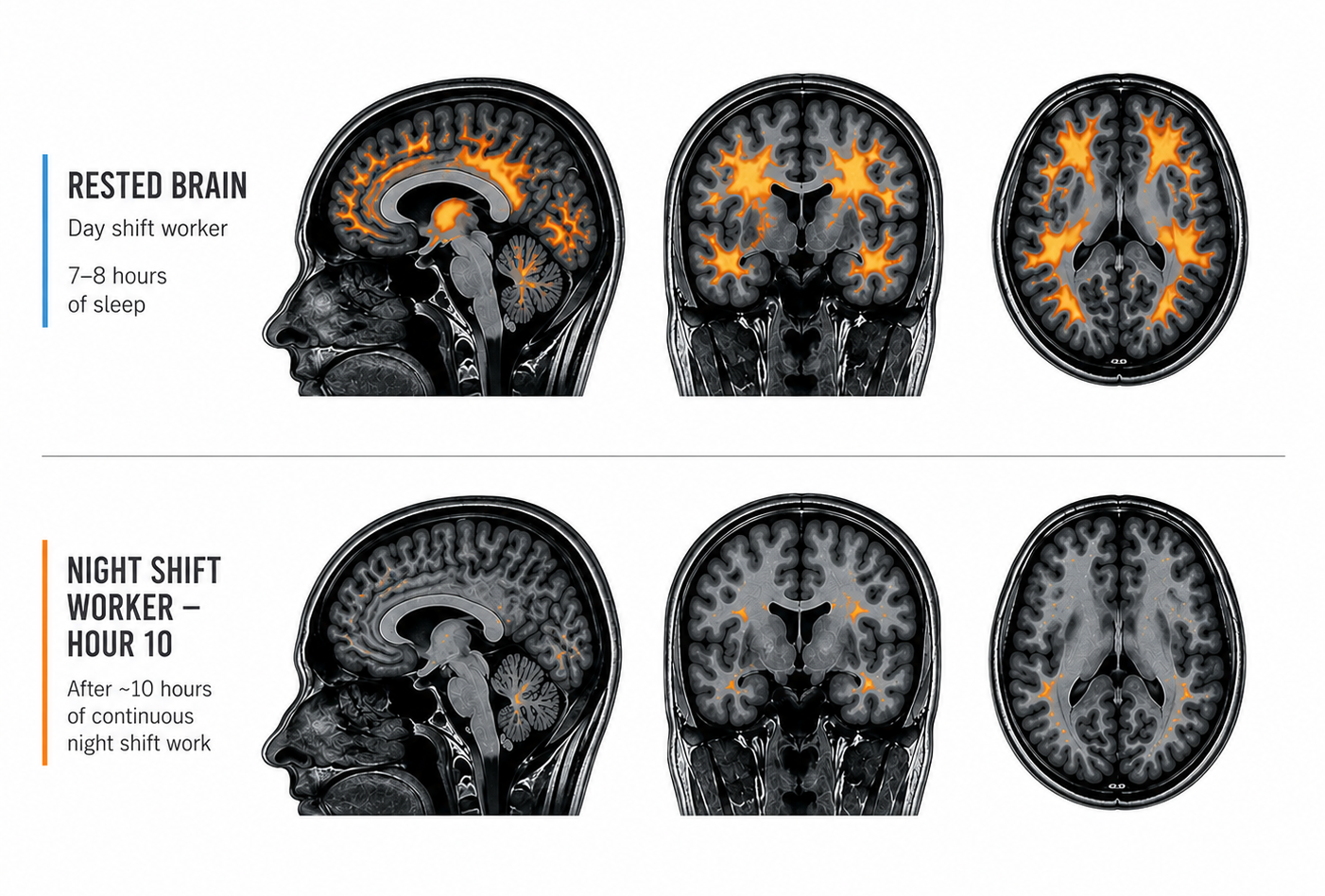 Comparison of a rested brain scan and a night shift worker brain scan