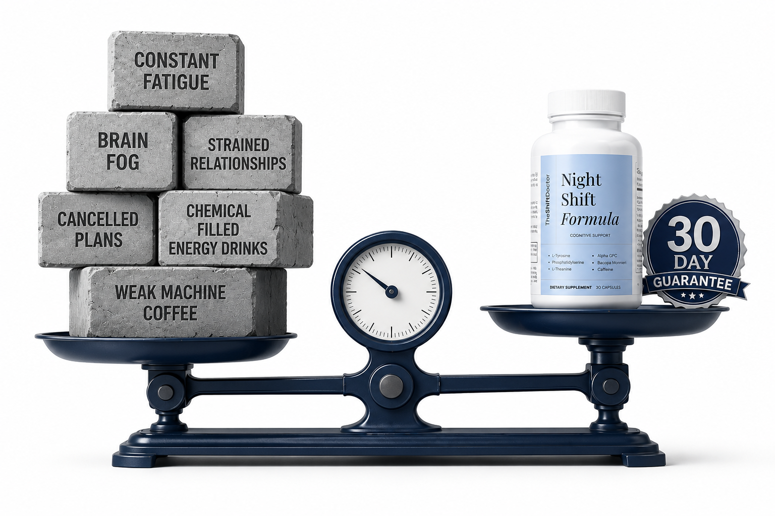 Scale weighing constant fatigue and brain fog against a bottle of Night Shift Formula