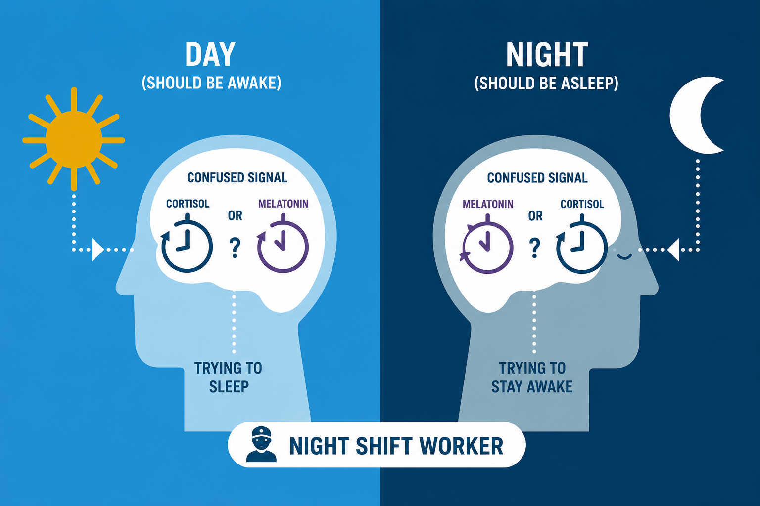 Diagram comparing day and night confused cortisol and melatonin signals in a night shift worker's brain