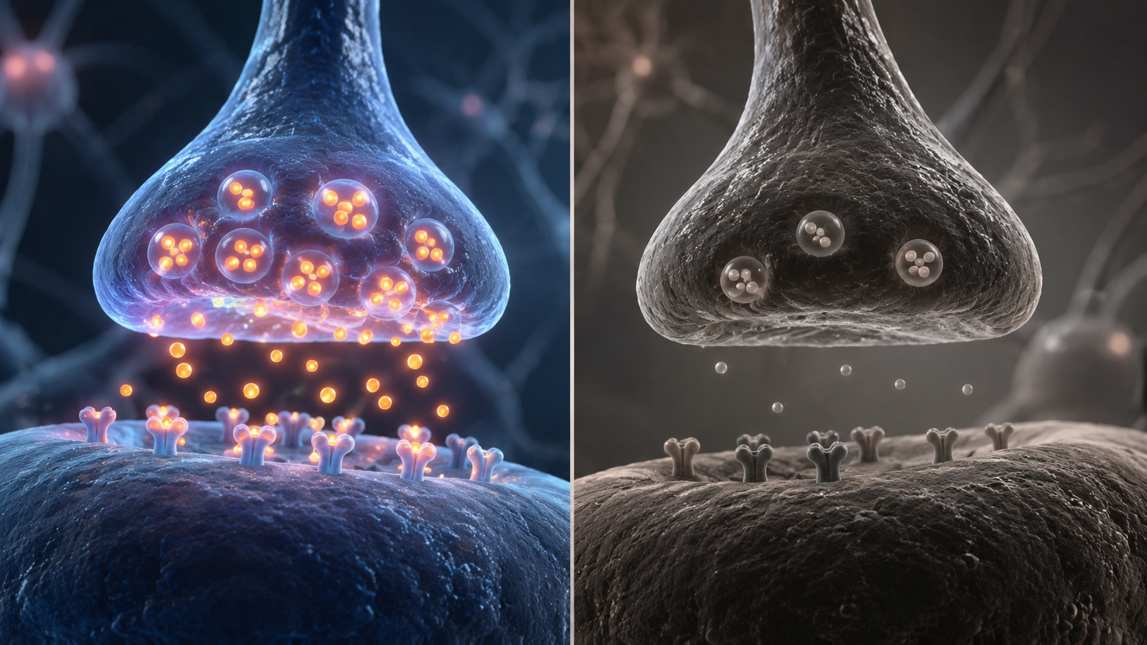 Comparison of a healthy synapse with bright neurotransmitters versus a depleted synapse from night shift drain