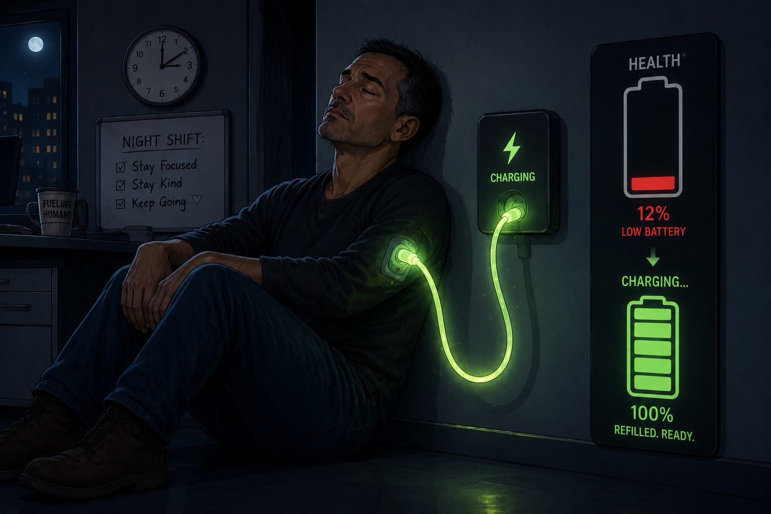 Night shift worker connected to a glowing charger, showing battery depletion and recovery