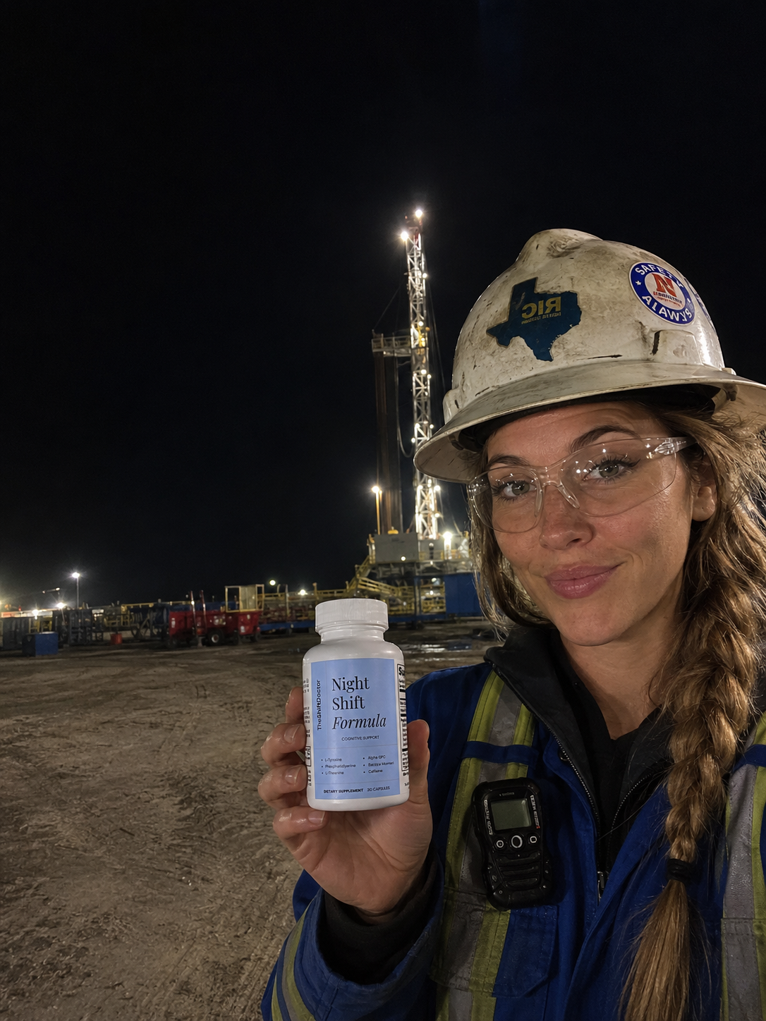Night shift worker in hard hat holding a bottle of Night Shift Formula at an industrial rig site