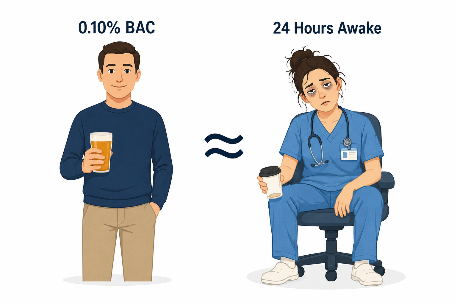 Illustration comparing a man with a beer to a tired nurse with coffee